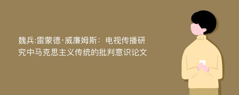 魏兵:雷蒙德·威廉姆斯：电视传播研究中马克思主义传统的批判意识论文