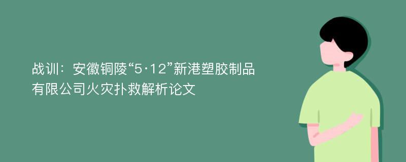 战训：安徽铜陵“5·12”新港塑胶制品有限公司火灾扑救解析论文